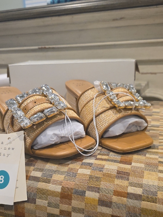 a new day Shoes - A New Day Woven Tan Slide Sandals with Crystal Buckle